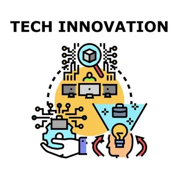 Tech innovation process producing business solutions with new ideas Stock Illustration