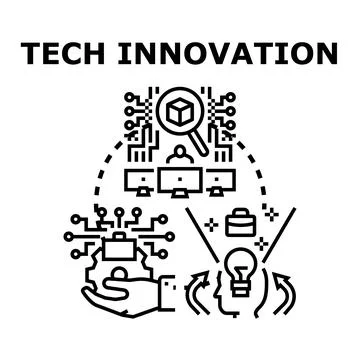 Tech innovation process producing business solutions with new ideas Stock Illustration