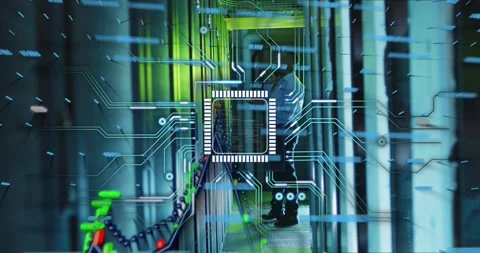 Tech inspecting racks in data center, starting scan and generating chip HUD, Stock Footage 334178926