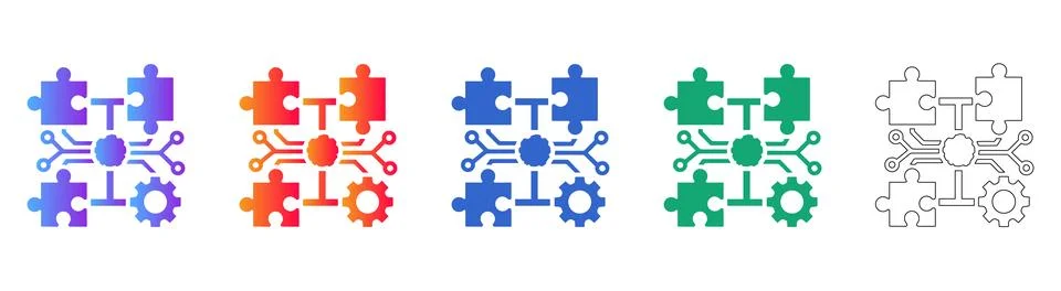 Tech Integration Puzzle Icon Set Stock Illustration