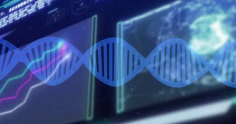 Tech interface animating waveform pulses and code flashes, globe brightening for Stock Footage 310970517