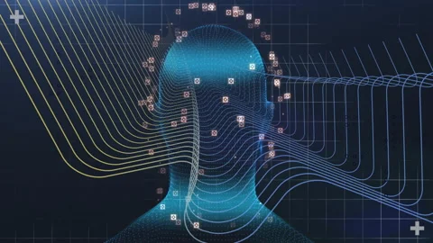 Tech interface showing dotted head outline on dark grid with colored data lines, Stock Footage 309282301