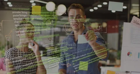 Tech intern sketching triangle on glass sparking code overlay colleague mapping Stock Footage 326193209