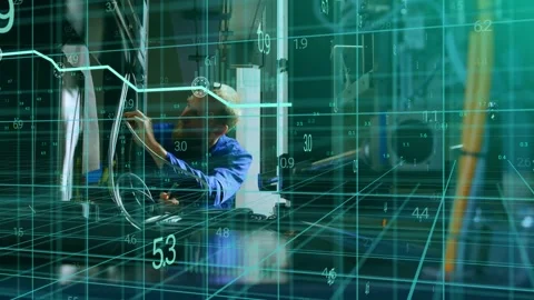 Tech kneeling tracking AR path reaching plugs routing cables at rack, graph Stock Footage 333735360