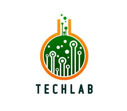 Tech lab icon, emblem with flask and circuits Stock Illustration