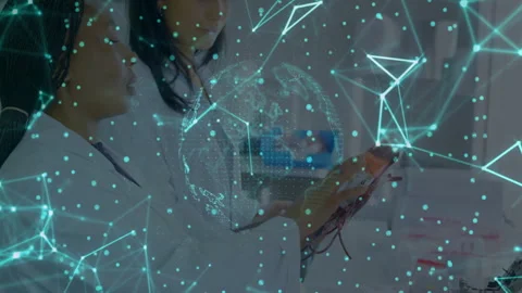 Tech lab scientist rotating board mapping data flow and senior scientist Stock Footage 310972694