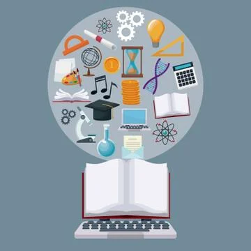 Tech laptop and display open book with circular border icons academic knowledge Stock Illustration