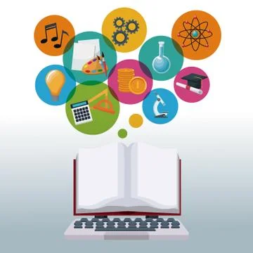 Tech laptop and display open book with bubbles icons academic knowledge Stock Illustration