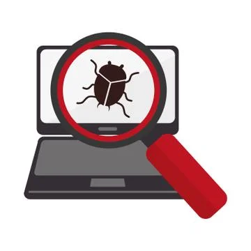 Tech laptop with loupe and beetle virus 스톡 일러스트