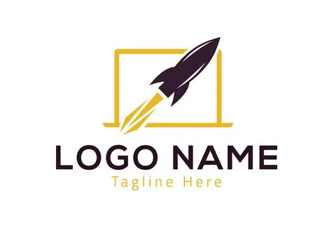 Tech Launch Rocket Yellow Color Laptop Logo Design	 Stock Illustration