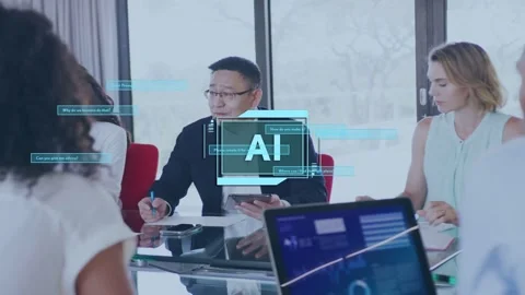 Tech lead projecting AI HUD guiding notes over table, man using tablet writing Stock Footage 334703724