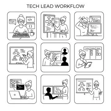 Tech lead workflow, woman developer, coding, project management, software d.. Stockillustratie
