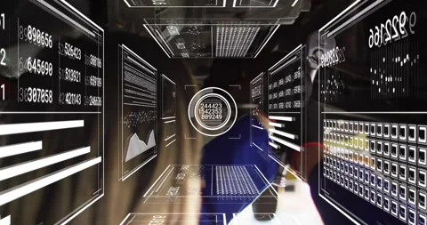 Tech leaning over bench using stylus and animating holo tunnel for analysis with Stock Footage 330194629