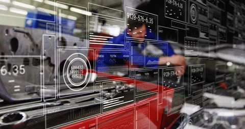 Tech leaning over engine tuning parts in auto HUD appearing over toolbox guiding Stock Footage 331048513