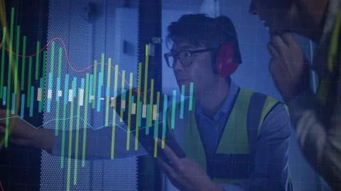 Tech leaning into rack, tapping tablet sparking live graphs, adjusting kit for Stock Footage 332566535