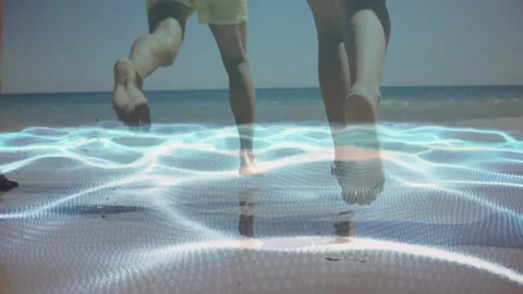 Tech light grid blending with sand as first foot stepping, four peers running Stock Footage 331047804