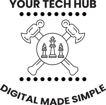 Tech logo blends chess pieces with crossed axes Illustrazione stock