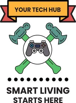 Tech logo features game controller crossed with axes Stock Illustration
