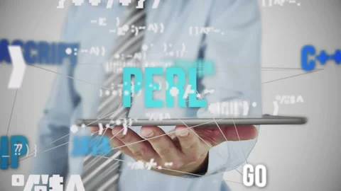 Tech man holding tablet tapping screen, animating floating code labels and Stock Footage 333962597