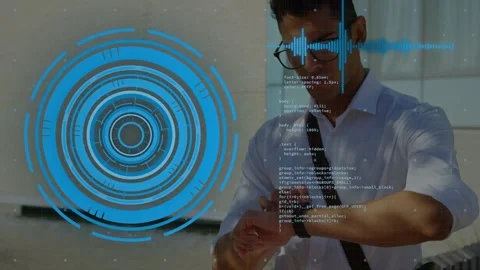 Tech man reaching watch, tapping and swiping, tuning device while HUD code Stock Footage 333894060