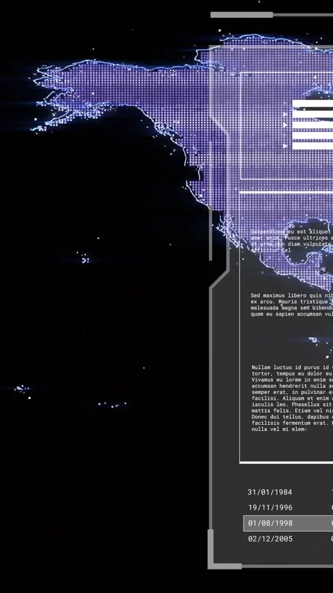 Tech map-dossier interface advancing progress bar, scrolling dates and Stock Footage 334602558
