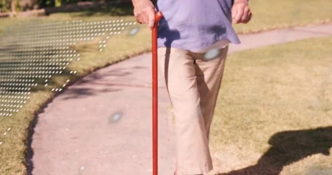 Tech map dots, code lines shifting as cane sliding in revealing woman advancing Stock Footage 317842238