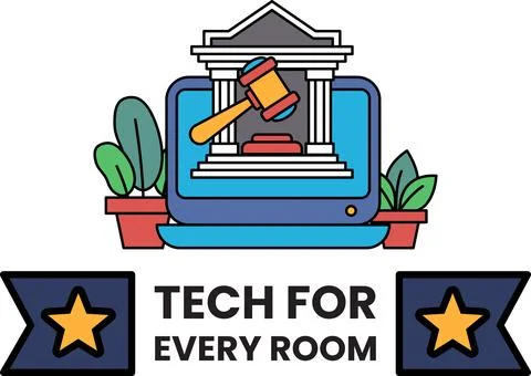 Tech merges with law, shown on a screen 스톡 일러스트