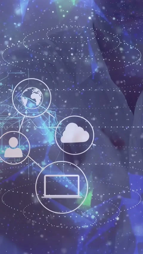 Tech network building as cloud laptop phone icons fading drawing links over man Stock Footage 333036619