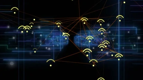 Tech network expanding from nodes, yellow WiFi icons spawning, linking blue Stock Footage 334040584