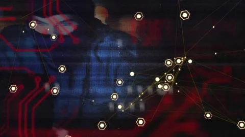 Tech network pulsing, responding to blurred man moving, clustering hex nodes Stock Footage 333833641