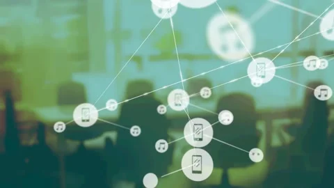 Tech node network emerging right, pulsing, growing obscuring room showing phone Stock Footage 333034682