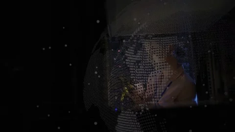Tech noticing LEDs, lifting harness, testing ports for faults, dotted globe Stock Footage 332591913
