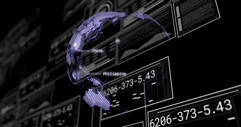 Tech orb assembling from fragments rotating revealing region labels and updating Video stock 331109489