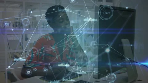 Tech overlaying, woman using tablet, holding phone, viewing monitor, reviewing Stock Footage 330980955
