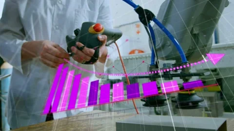 Tech placing and tuning pendant starting purple 3D bars and arrow aligning Stock Footage 333818175