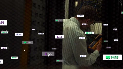 Tech placing yellow tester on patch panel in datacenter, testing links while Stock Footage 332625443
