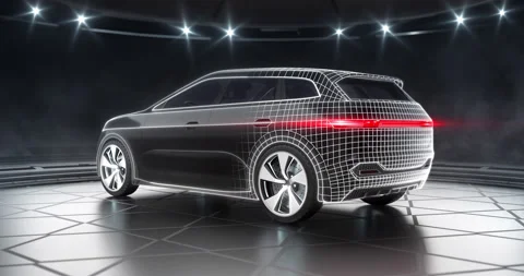 Tech plan and modern design of black suv car with red headlights at showroom. Video stock 210005714