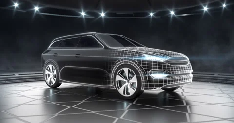 Tech plan and modern design of black suv car with headlights at showroom. Stock Footage 210025466