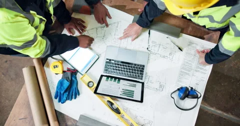 Tech, pointing and people with blueprint for construction, meeting and layout Stock Footage 338108959