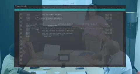 Tech presenter pointing chart opening transparent overlay scrolling SQL code Stock Footage 309894408