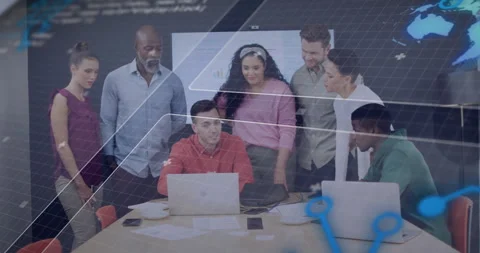 Tech presenter starting explaining data slide, team leaning in, code streams and Video stock 314085131