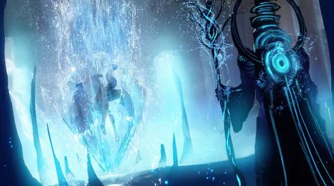 A tech-priest with a water staff approaches a crystal on which a waterfall po Stock Illustration
