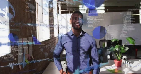 Tech pro extending arm initiating data overlays charts code obscuring torso Stock Footage 330003989