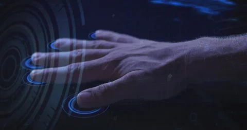 Tech pro hand entering UI, hovering and tapping holographic rings, generating 動画素材 312845106
