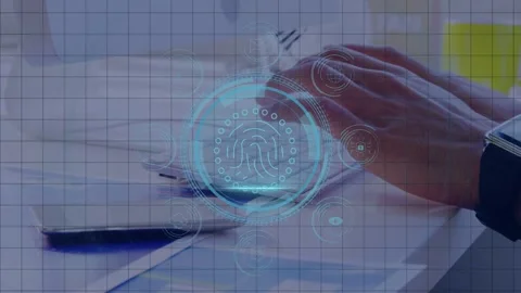 Tech pro hands typing while security label appearing and 3D fingerprint forming Stock Footage 332936528