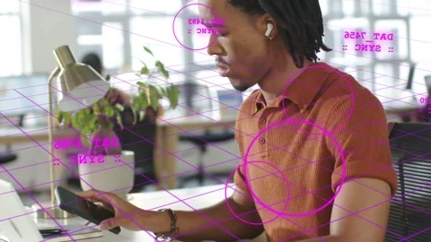 Tech pro hearing prompt, grabbing phone, comparing laptop data as magenta AR HUD Stock Footage 335465845