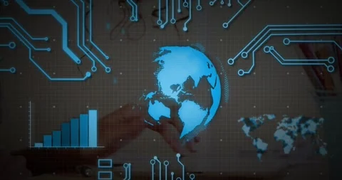 Tech pro hovering hand over keyboard, interacting with glowing globe, bar chart, Stock Footage 326427358