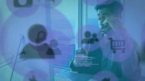 Tech pro typing, clicking mouse by window, initiating translucent UI overlays Stock Footage 334036825