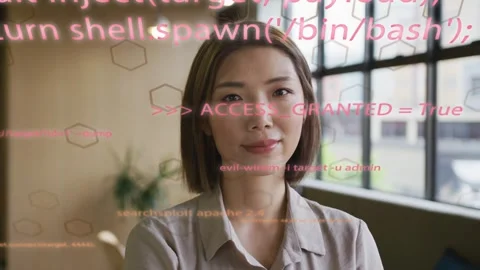 Tech pro woman by window, code overlay appearing showing ACCESS_GRANTED, turning Stock Footage 333145802