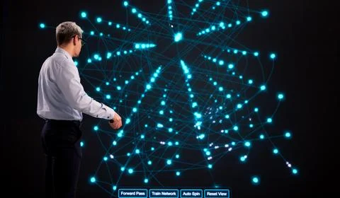 Tech Professional Overseeing AI Model Training On Interactive Display In Mode Foto stock